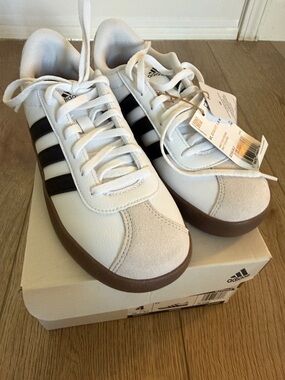 adidas White Sneakers with Black Stripes and Brown Sole VL Court